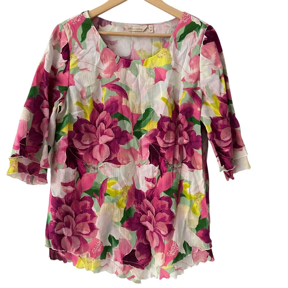 Soft Surroundings‎ Pink and Yellow Floral Scoop Neck Flowy 3/4 Sleeve Blouse M